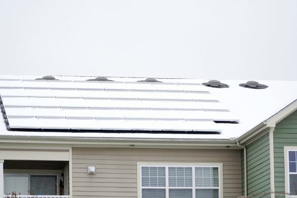 Solar output power generation in summer vs. winter - solar panels covered in snow